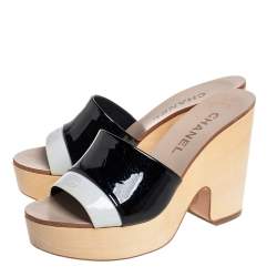 مملوكة مسبقًا Chanel Black/White Patent Leather Platform Slide Sandals Size 37