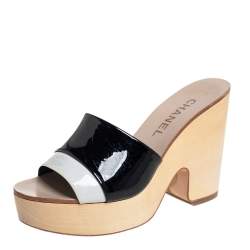 مملوكة مسبقًا Chanel Black/White Patent Leather Platform Slide Sandals Size 37