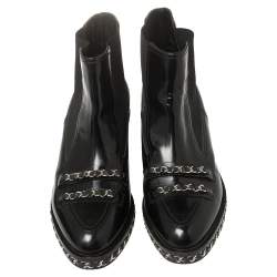 Chanel Black Patent Leather and Fabric Chain Embellished Ankle Boots Size 40
