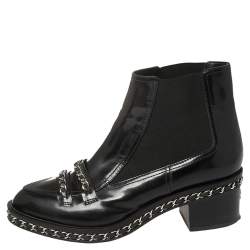 Chanel Black Patent Leather and Fabric Chain Embellished Ankle Boots Size 40