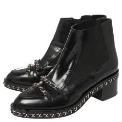 Chanel Black Patent Leather and Fabric Chain Embellished Ankle Boots Size 40