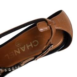 Pre Owned Chanel Beige/Black Leather CC Embellished Ankle Strap Sandals Size 38.5