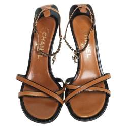 Pre Owned Chanel Beige/Black Leather CC Embellished Ankle Strap Sandals Size 38.5