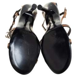 Pre Owned Chanel Beige/Black Leather CC Embellished Ankle Strap Sandals Size 38.5