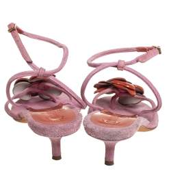 Pre Owned Chanel Pink/Brown Suede And Patent Leather Camellia Ankle Strap Sandals Size 38