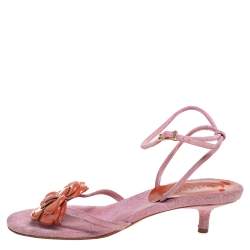 Pre Owned Chanel Pink/Brown Suede And Patent Leather Camellia Ankle Strap Sandals Size 38