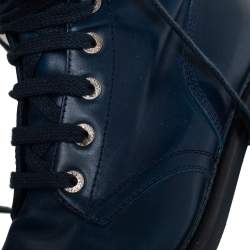 Chanel Blue Leather Combat Lace Up Mid Calf Boots Size 38.5