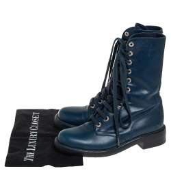 Chanel Blue Leather Combat Lace Up Mid Calf Boots Size 38.5