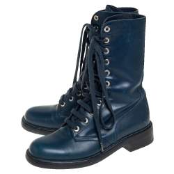 Chanel Blue Leather Combat Lace Up Mid Calf Boots Size 38.5