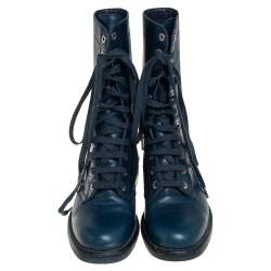 Chanel Blue Leather Combat Lace Up Mid Calf Boots Size 38.5