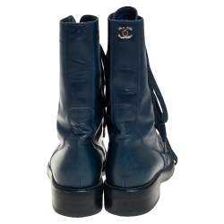 Chanel Blue Leather Combat Lace Up Mid Calf Boots Size 38.5