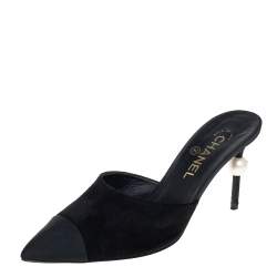 Chanel Black Suede And Canvas CC Faux Pearl Embellished Heel Slip On Mules  Size 38.5 Chanel