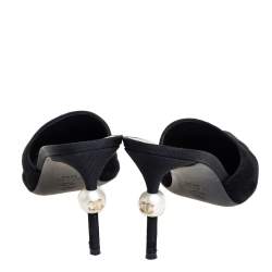 Pre Owned Chanel Black Suede And Canvas CC Faux Pearl Embellished Heel Slip On Mules Size 38.5