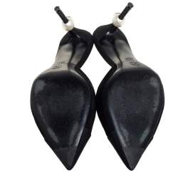 Pre Owned Chanel Black Suede And Canvas CC Faux Pearl Embellished Heel Slip On Mules Size 38.5