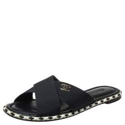 Chanel REV Black Fabric Criss Cross Puffy CC Logo Slide Mule Sandal Flop  Flat 39