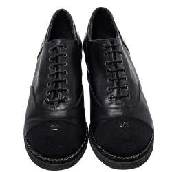 Chanel Black Leather And Fabric CC Cap Toe Wedge Oxford Size 36