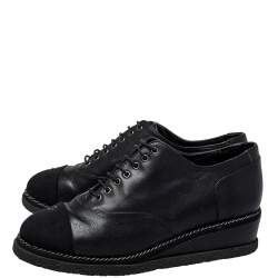 Chanel Black Leather And Fabric CC Cap Toe Wedge Oxford Size 36