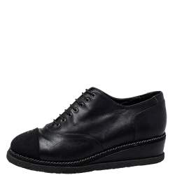 Chanel Black Leather And Fabric CC Cap Toe Wedge Oxford Size 36