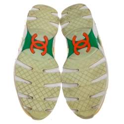 Pre Owned Chanel Multicolor Tweed, and Metallic Leather Lace Up Sneakers Size 37