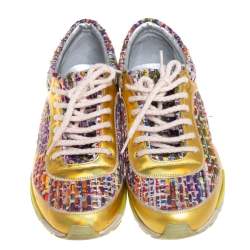 Pre Owned Chanel Multicolor Tweed, and Metallic Leather Lace Up Sneakers Size 37
