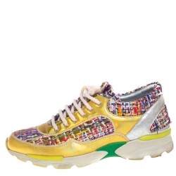 Pre Owned Chanel Multicolor Tweed, and Metallic Leather Lace Up Sneakers Size 37