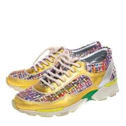 Pre Owned Chanel Multicolor Tweed, and Metallic Leather Lace Up Sneakers Size 37