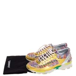 Pre Owned Chanel Multicolor Tweed, and Metallic Leather Lace Up Sneakers Size 37