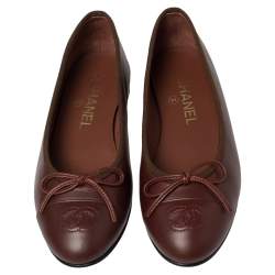 Pre Owned Chanel Brown Leather CC Bow Ballet Flats Size 36