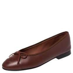 Pre Owned Chanel Brown Leather CC Bow Ballet Flats Size 36