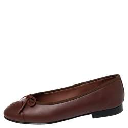Pre Owned Chanel Brown Leather CC Bow Ballet Flats Size 36