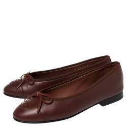 Pre Owned Chanel Brown Leather CC Bow Ballet Flats Size 36