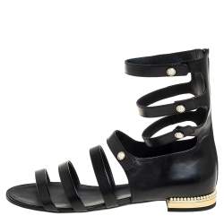 Pre Owned صندل فلات شانيل سيور سلاسل جلد أسود مقاس 38