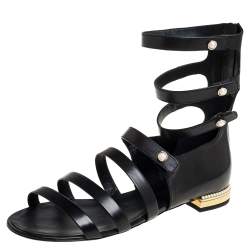 Pre Owned صندل فلات شانيل سيور سلاسل جلد أسود مقاس 38