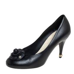 Pre Owned Chanel Black CC Camellia Leather Pumps Size 38.5