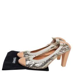 Pre Owned Chanel Gold/Beige Leather and Sequin Embellished Cap Toe Scrunch Pumps Size 40