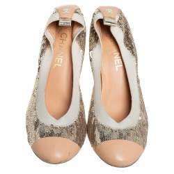 Pre Owned Chanel Gold/Beige Leather and Sequin Embellished Cap Toe Scrunch Pumps Size 40
