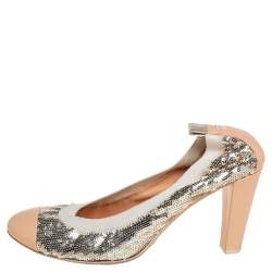 Pre Owned Chanel Gold/Beige Leather and Sequin Embellished Cap Toe Scrunch Pumps Size 40