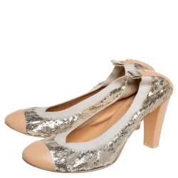 Pre Owned Chanel Gold/Beige Leather and Sequin Embellished Cap Toe Scrunch Pumps Size 40