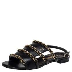 Chanel Black Leather CC Chain Link Ankle Strap Sandals Size 36 Chanel