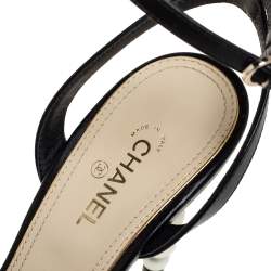 Pre Owned Chanel Black Leather Pearl Heel Sandals Size 38.5