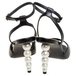 Pre Owned Chanel Black Leather Pearl Heel Sandals Size 38.5