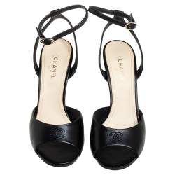 Pre Owned Chanel Black Leather Pearl Heel Sandals Size 38.5