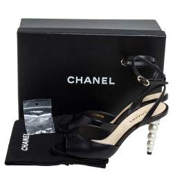 Pre Owned Chanel Black Leather Pearl Heel Sandals Size 38.5