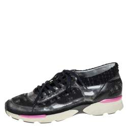 Pre Owned Chanel Black Tweed And PVC CC Low Top Sneakers Size 40