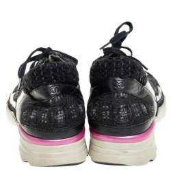 Pre Owned Chanel Black Tweed And PVC CC Low Top Sneakers Size 40