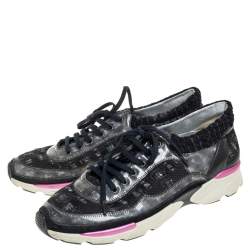 Pre Owned Chanel Black Tweed And PVC CC Low Top Sneakers Size 40