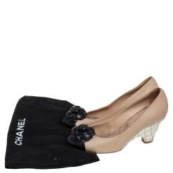 Pre Owned حذاء كعب عالي شانيل جلد بيج/أسود مزين زهرة كاميليا كعب روكي فيليني مقاس 36.5