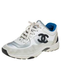 Chanel White/Grey Suede, Leather And Fabric CC Low-Top Sneakers Size 38.5  Chanel