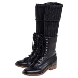 Chanel Black Leather And Knit Fabric Sock Combat Boots Size 38