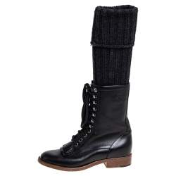 Chanel Black Leather And Knit Fabric Sock Combat Boots Size 38